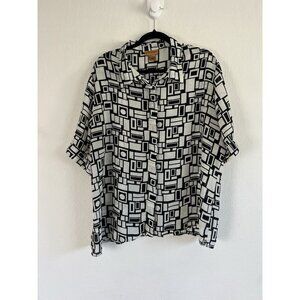 Milano Womens Plus Size 3X Black & White Square Geometric Retro Vintage Blouse